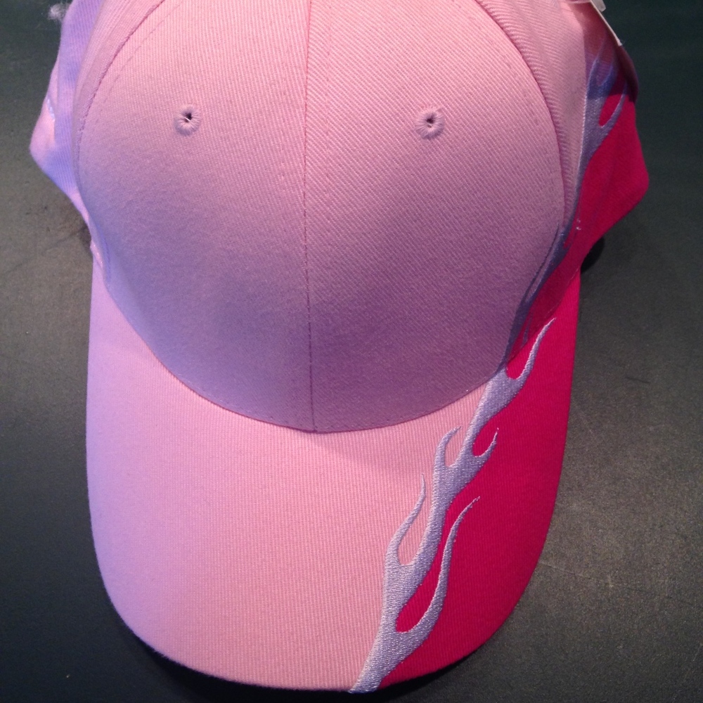 Pink hat with white and pink flames on side